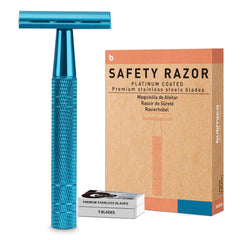 BULIMICA double-edge razor blue handle close-up for precise, gentle shave