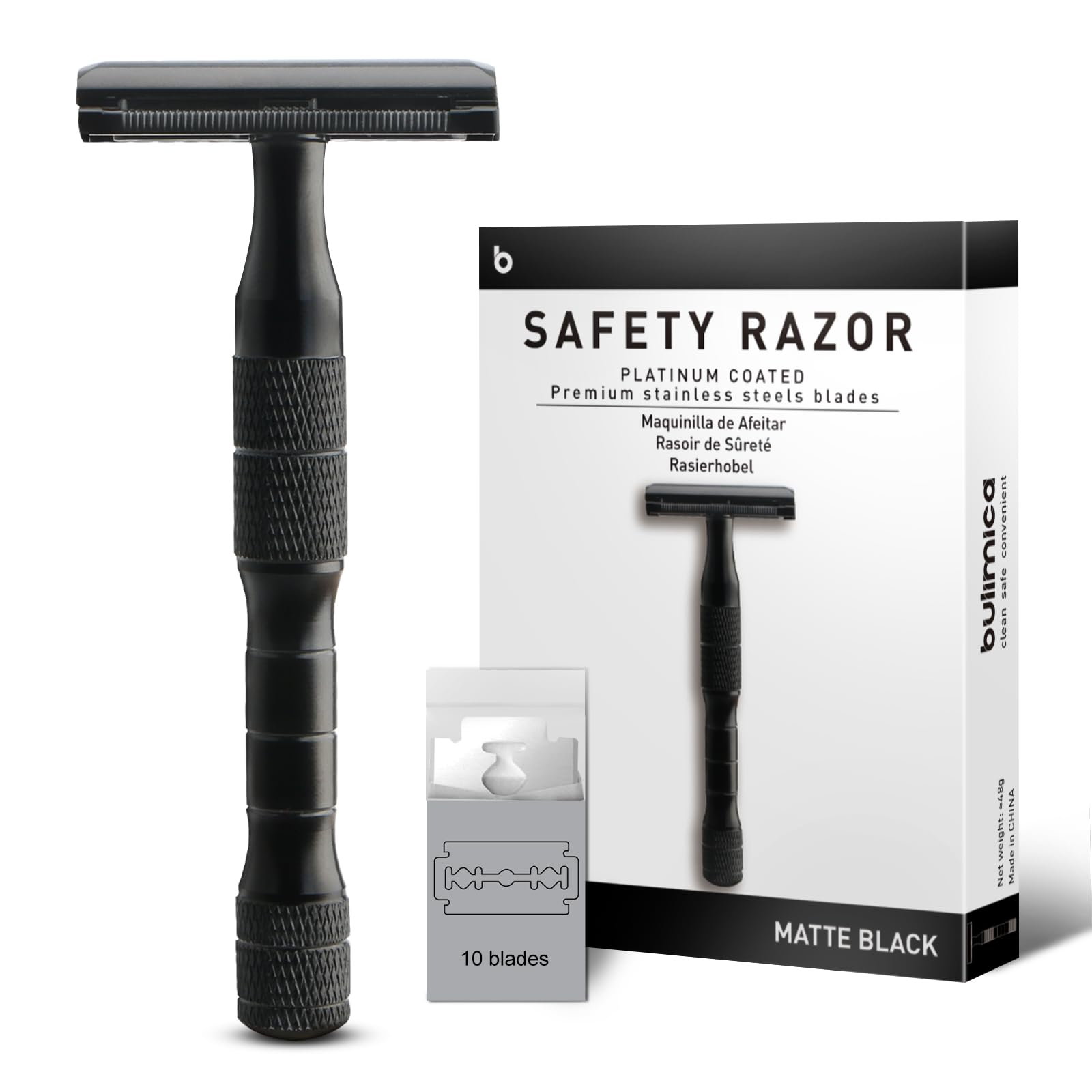 Bulimica Matte Black Safety Razor head close-up for a precise, smooth shave