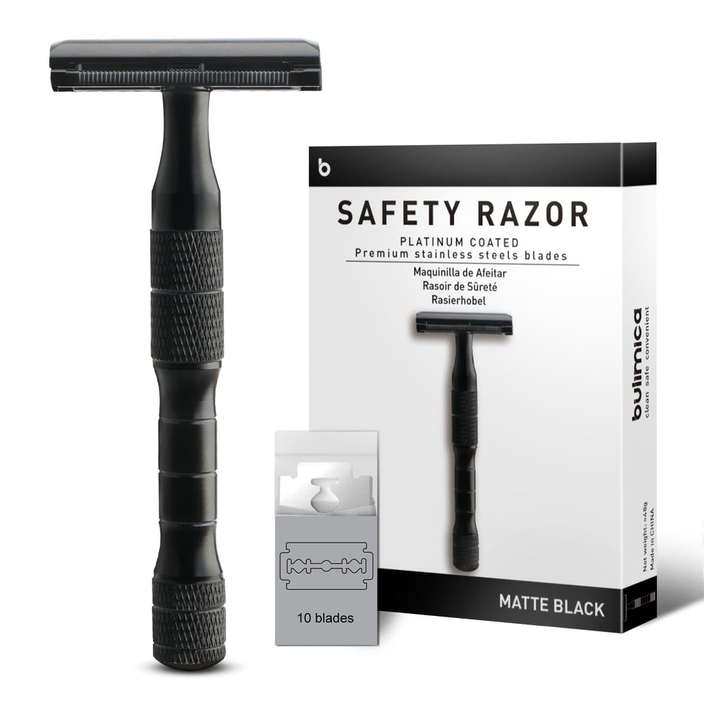 Bulimica Matte Black Safety Razor head close-up for a precise, smooth shave