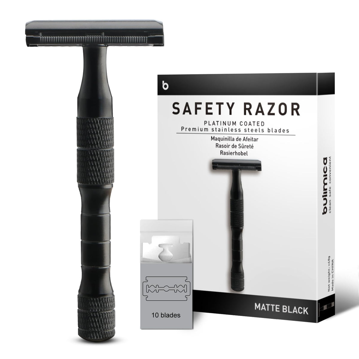 Bulimica Matte Black Safety Razor head close-up for a precise, smooth shave