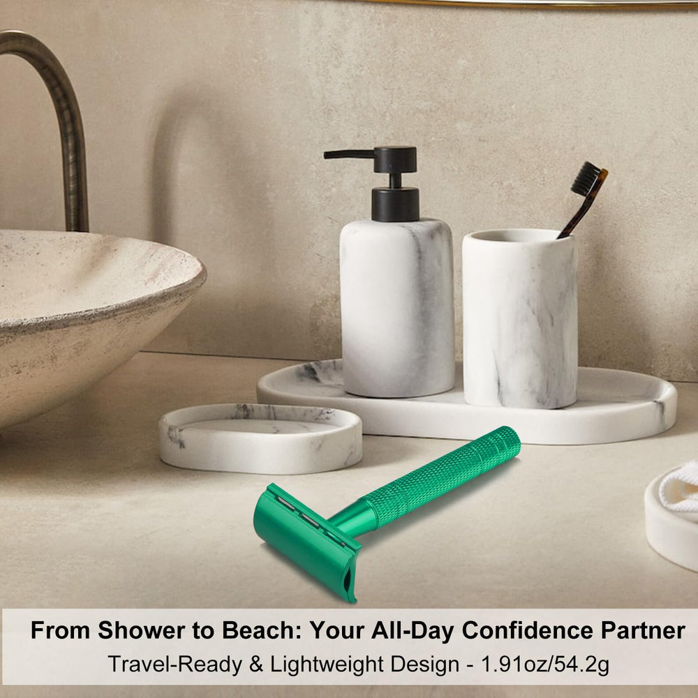 Bulimica zero-waste shaving concept shown with metal razor and replaceable blades.