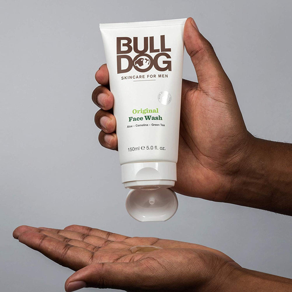 Bulldog Original Face Wash duo pack on bathroom sink