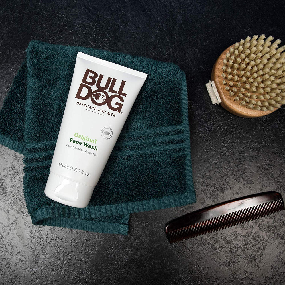 Bulldog Original Face Wash on bathroom shelf ready for use
