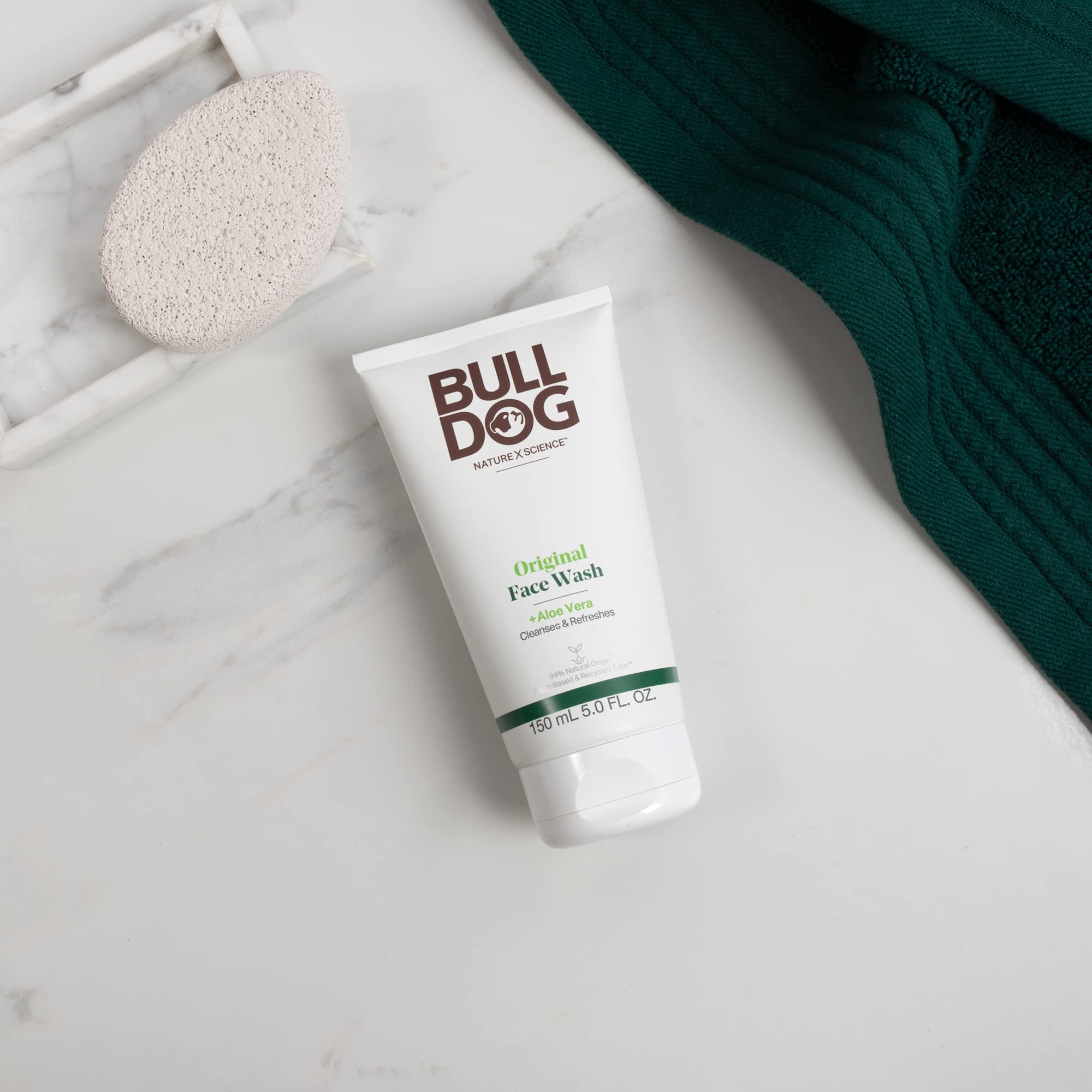 Bulldog Original Face Wash packaging close-up shows simple, clean branding.