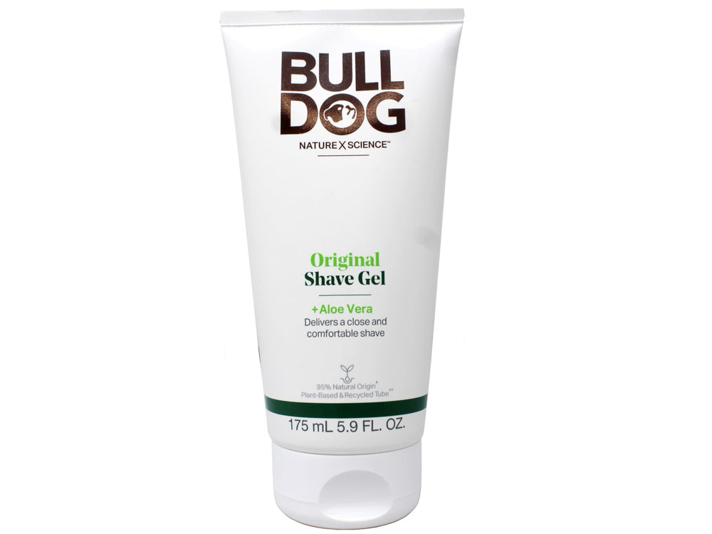 Bulldog Original Shave Gel bottle label highlights aloe and natural ingredients