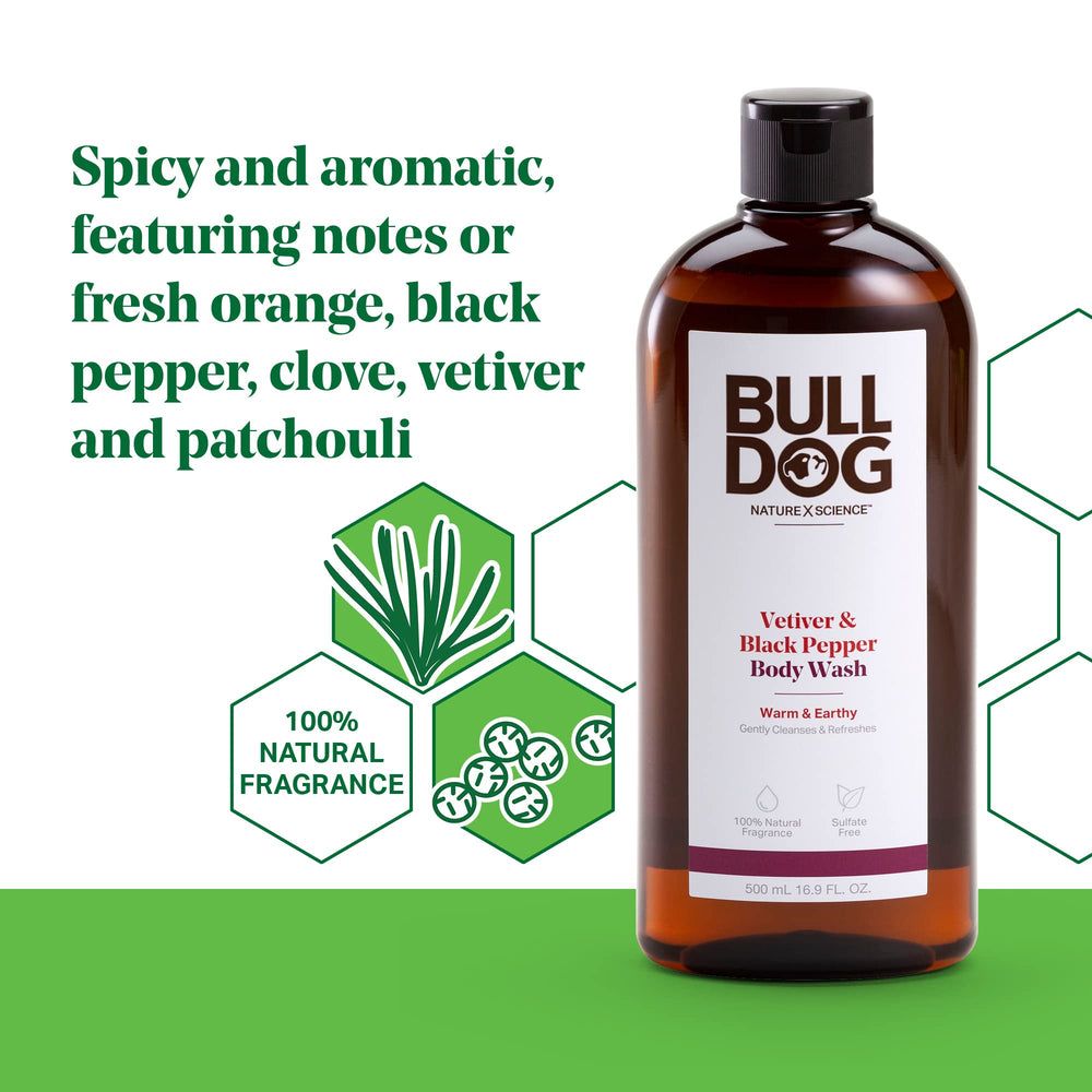 BULLDOG Vetiver & Black Pepper body wash lather showing aromatic cleansing.