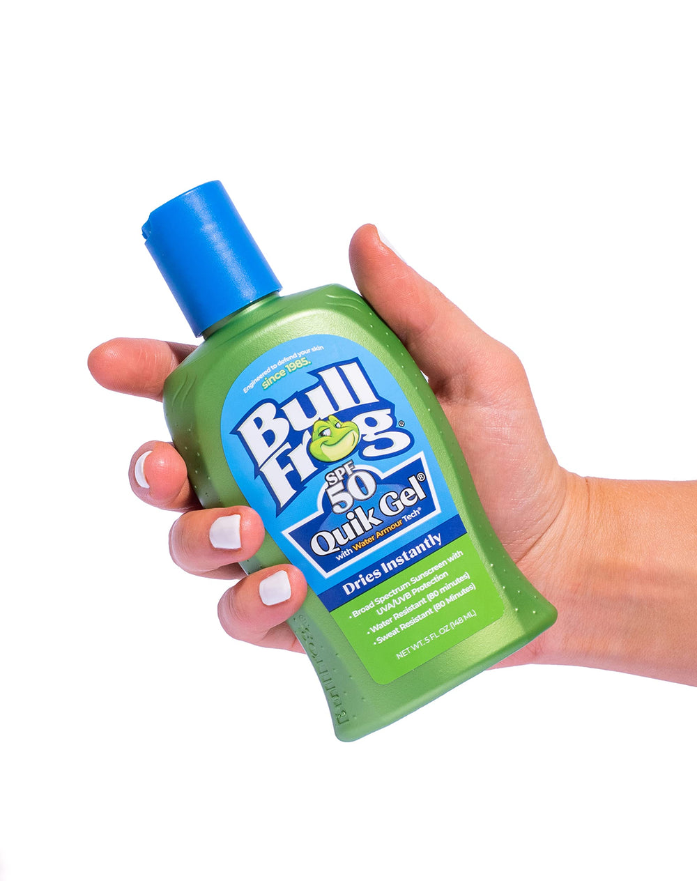 Bullfrog Quik Gel Sunscreen being applied to the hand for easy coverage.