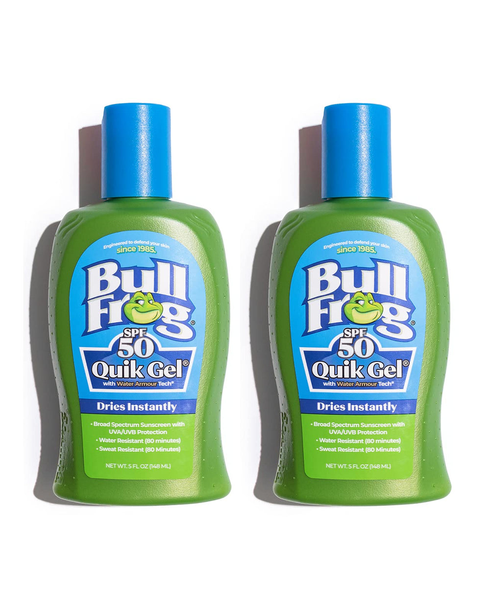 Bullfrog Quik Gel Sunscreen bottle front view shows lightweight SPF 50 protection.
