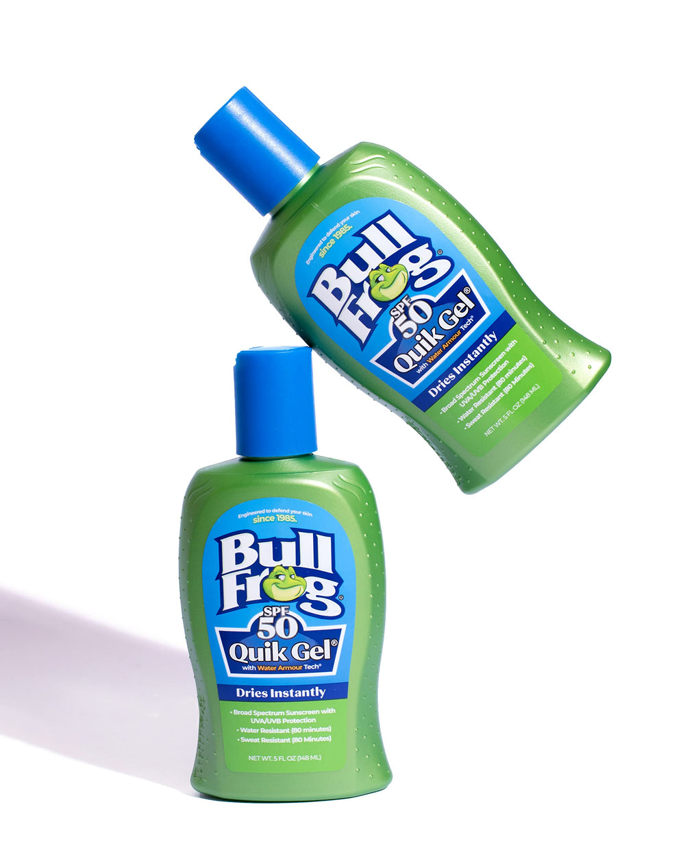 Bullfrog Quik Gel Sunscreen gel texture emphasizes non-greasy, quick-absorb feel.