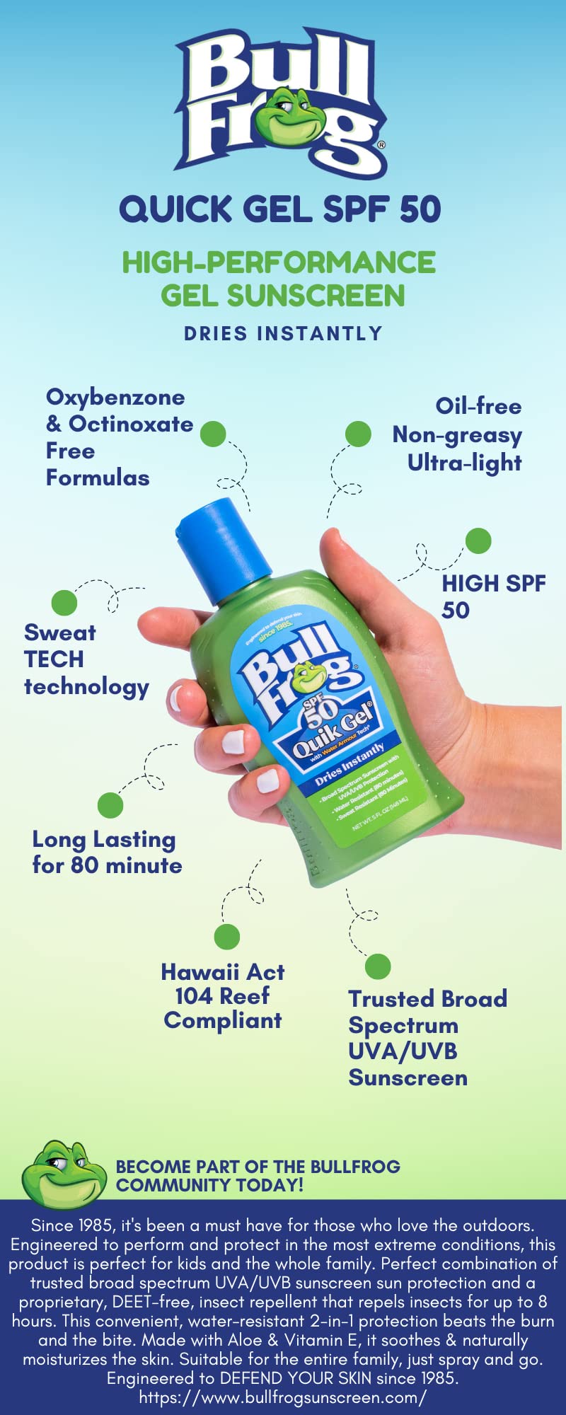 Bullfrog Quik Gel Sunscreen travel-pack ready for outdoor adventures.