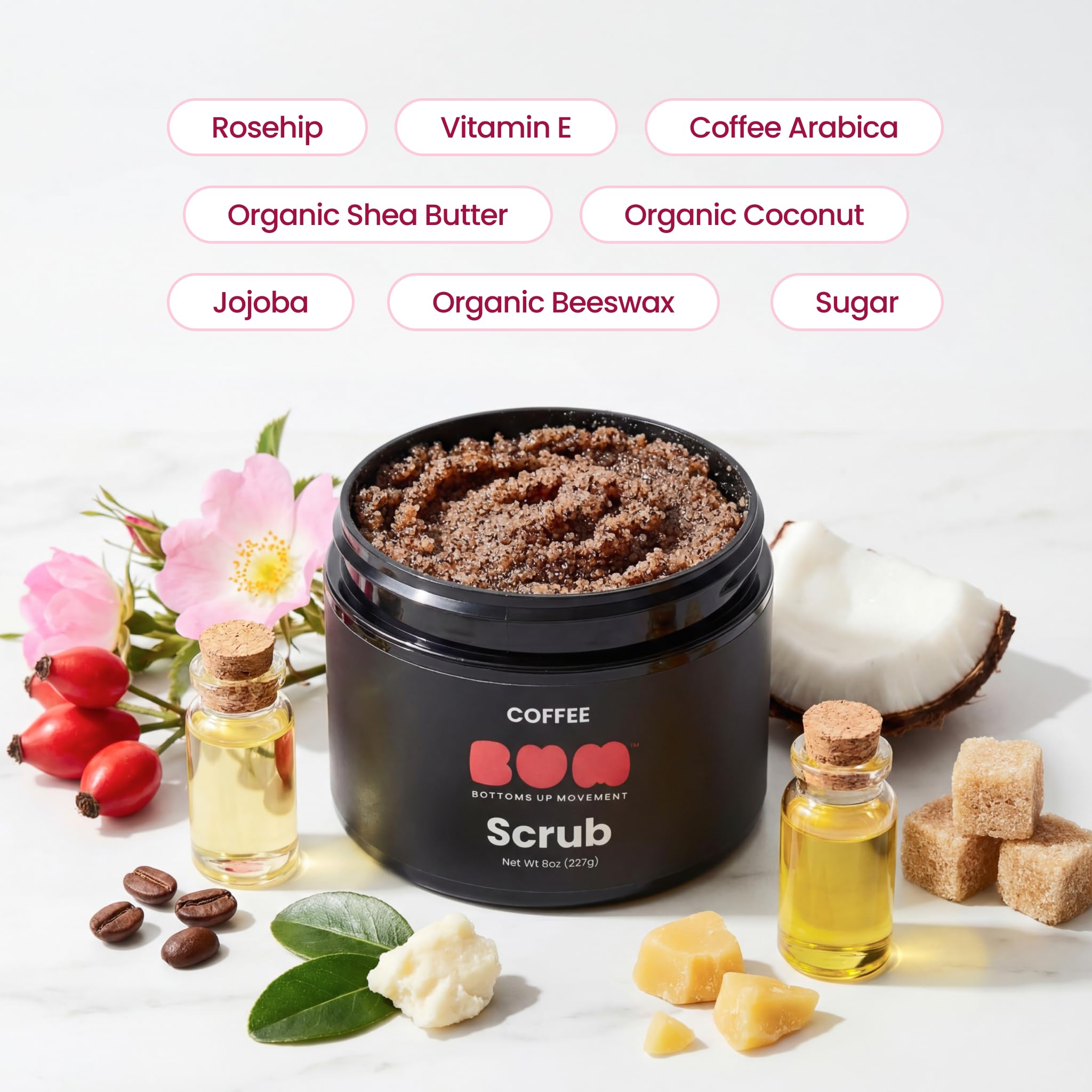 BUM Coffee Sugar Scrub ingredients include shea, rosehip and vitamin E for nourishment