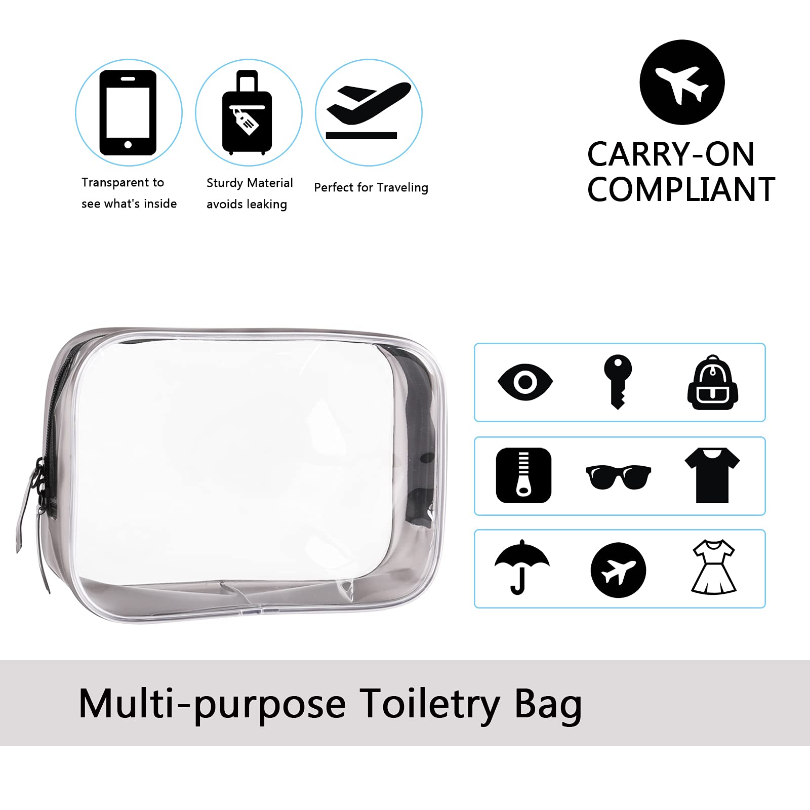 Buminee multi-use clear bag suitable for bathroom, beach, and hotel stays.