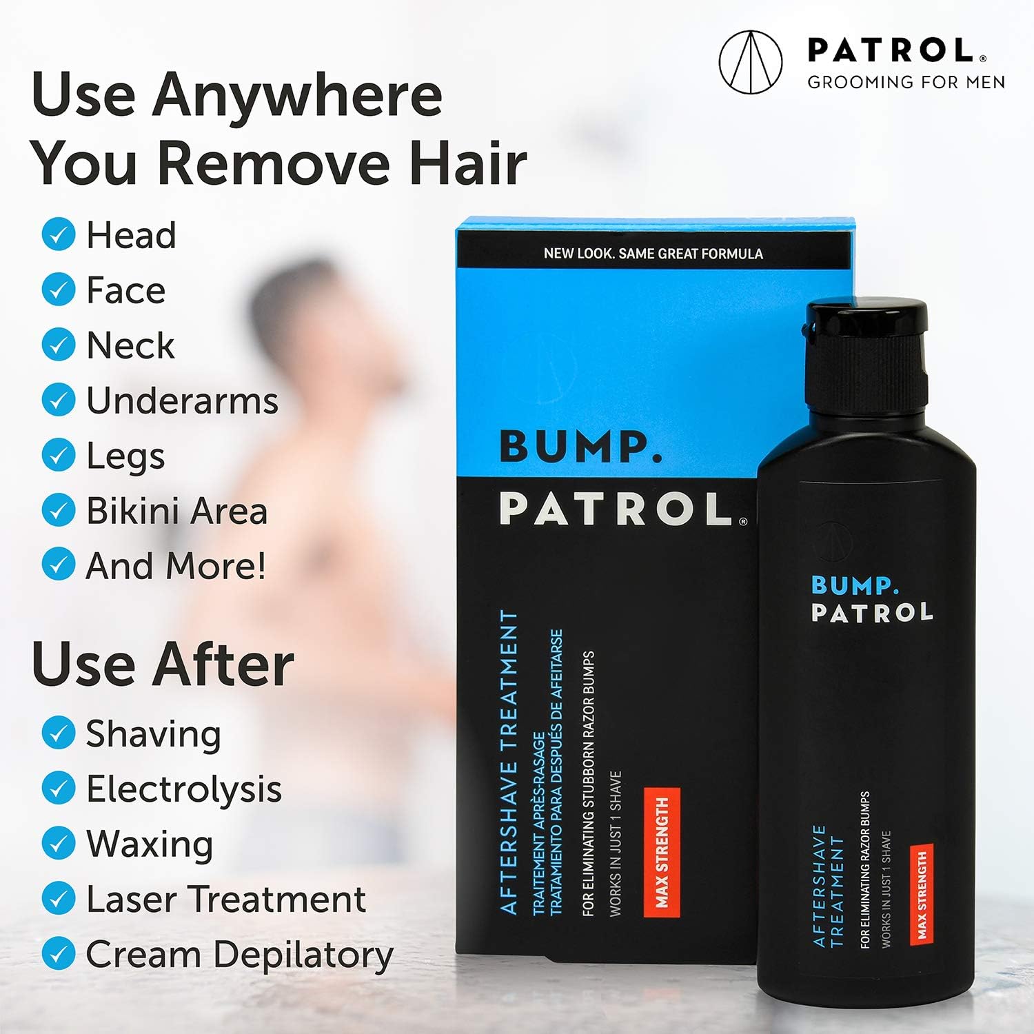 Bump Patrol aftershave solution closeup showing clear liquid for easy application.