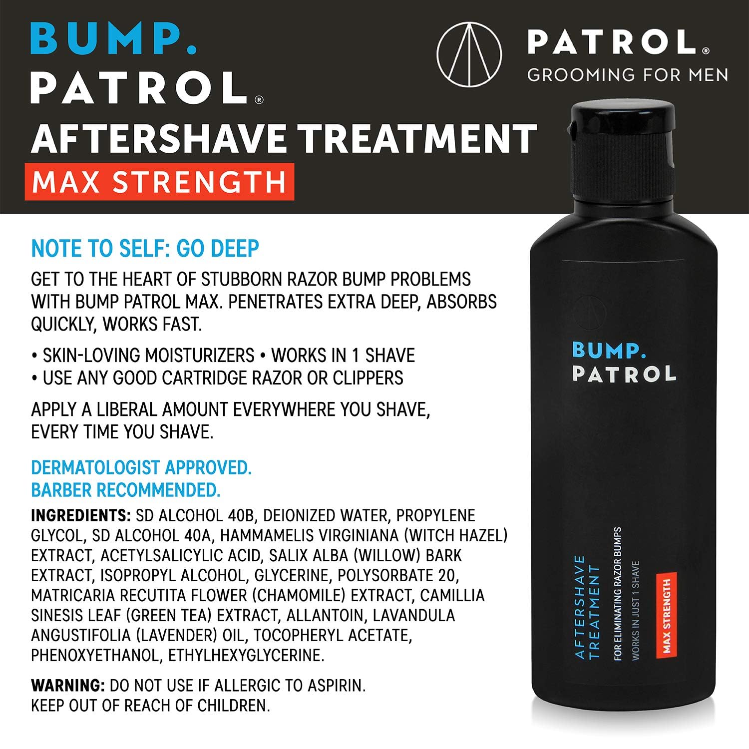 Bump Patrol bottle back shows ingredients and directions for post-shave care.