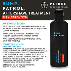Bump Patrol bottle back shows ingredients and directions for post-shave care.