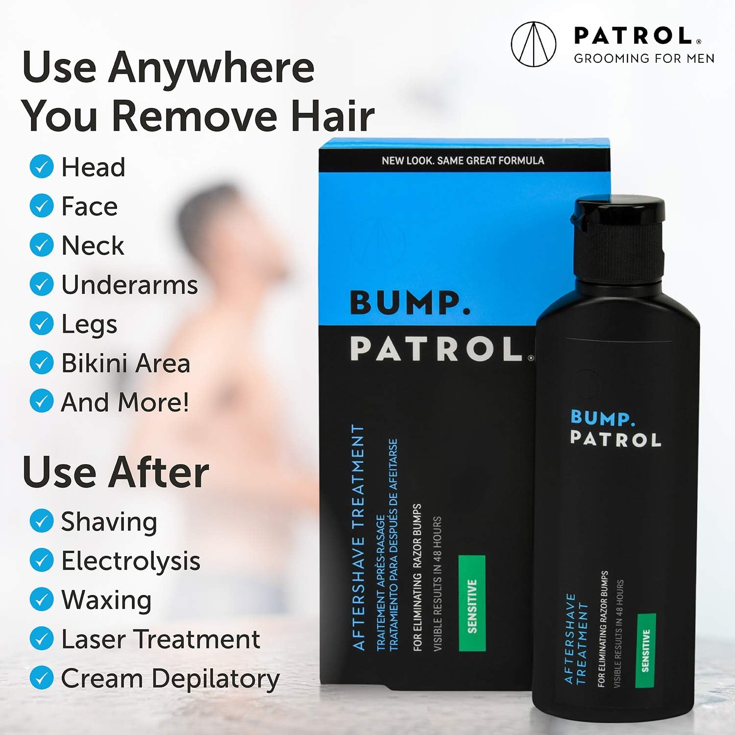 Bump Patrol aftershave shown with depilatories to illustrate compatibility