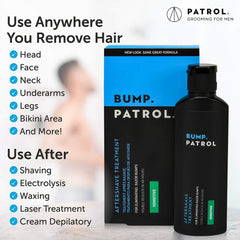 Bump Patrol aftershave shown with depilatories to illustrate compatibility