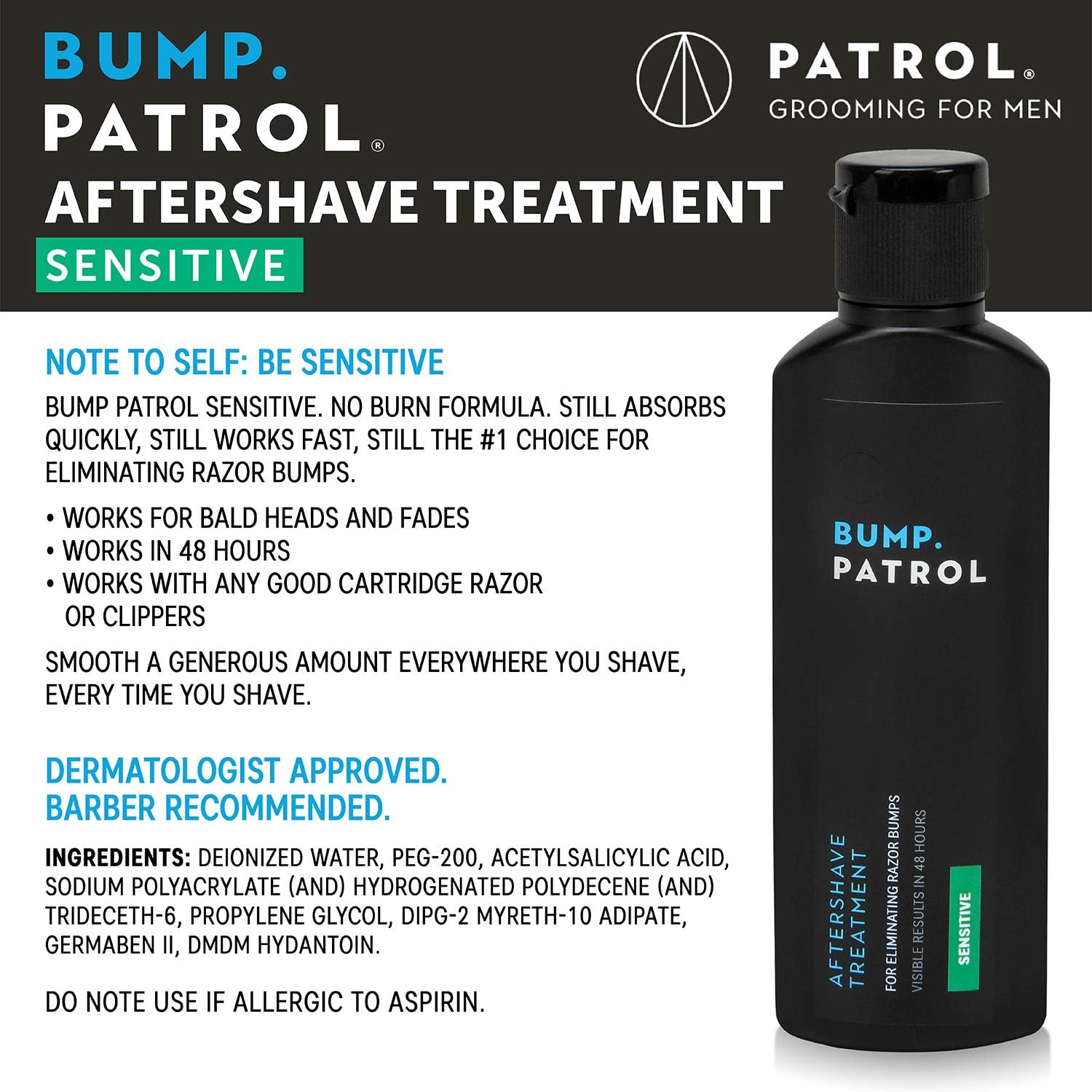 Bump Patrol Sensitive Strength label close-up highlighting alcohol-free formula and dermatologist recommendations