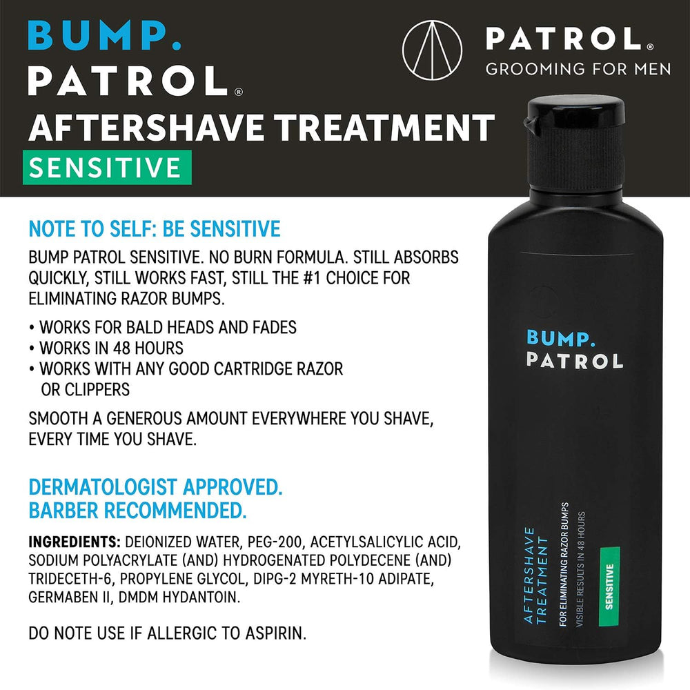 Bump Patrol Sensitive Strength label close-up highlighting alcohol-free formula and dermatologist recommendations