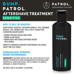 Bump Patrol Sensitive Strength label close-up highlighting alcohol-free formula and dermatologist recommendations