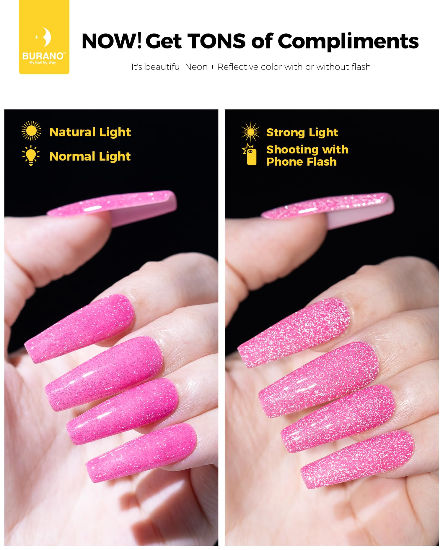 BURANO diamond-like finish adds premium glow to any manicure.