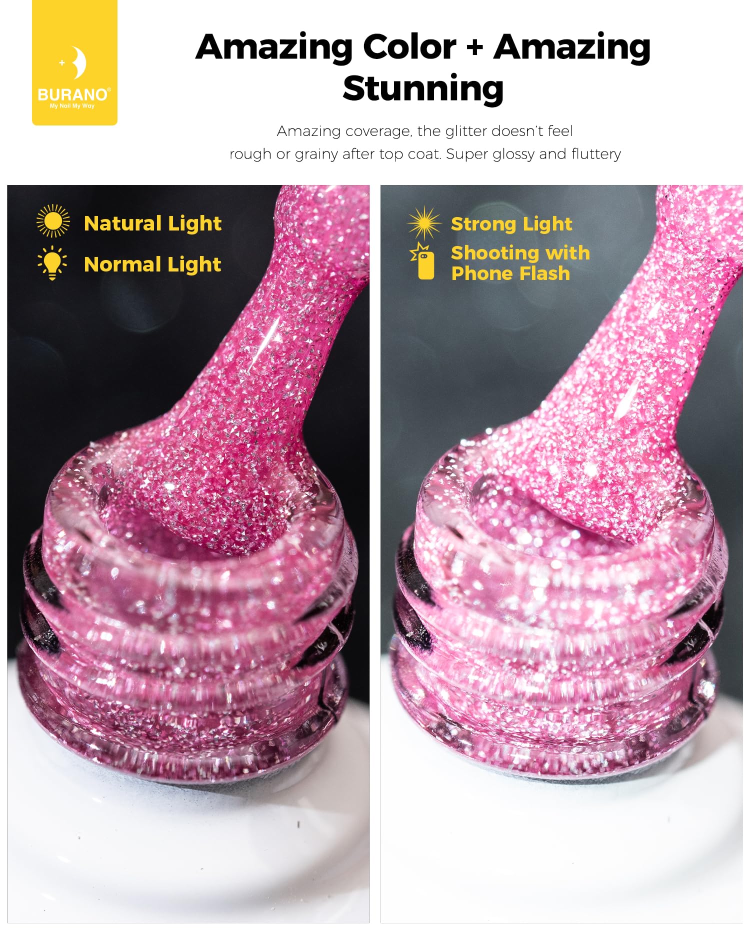 BURANO diamond shine glitter applied on nails creates eye-catching art.
