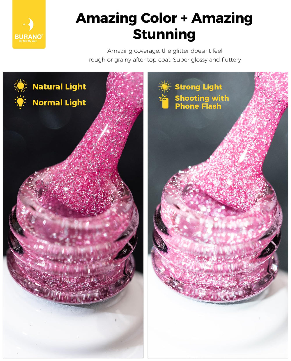 BURANO diamond shine glitter applied on nails creates eye-catching art.