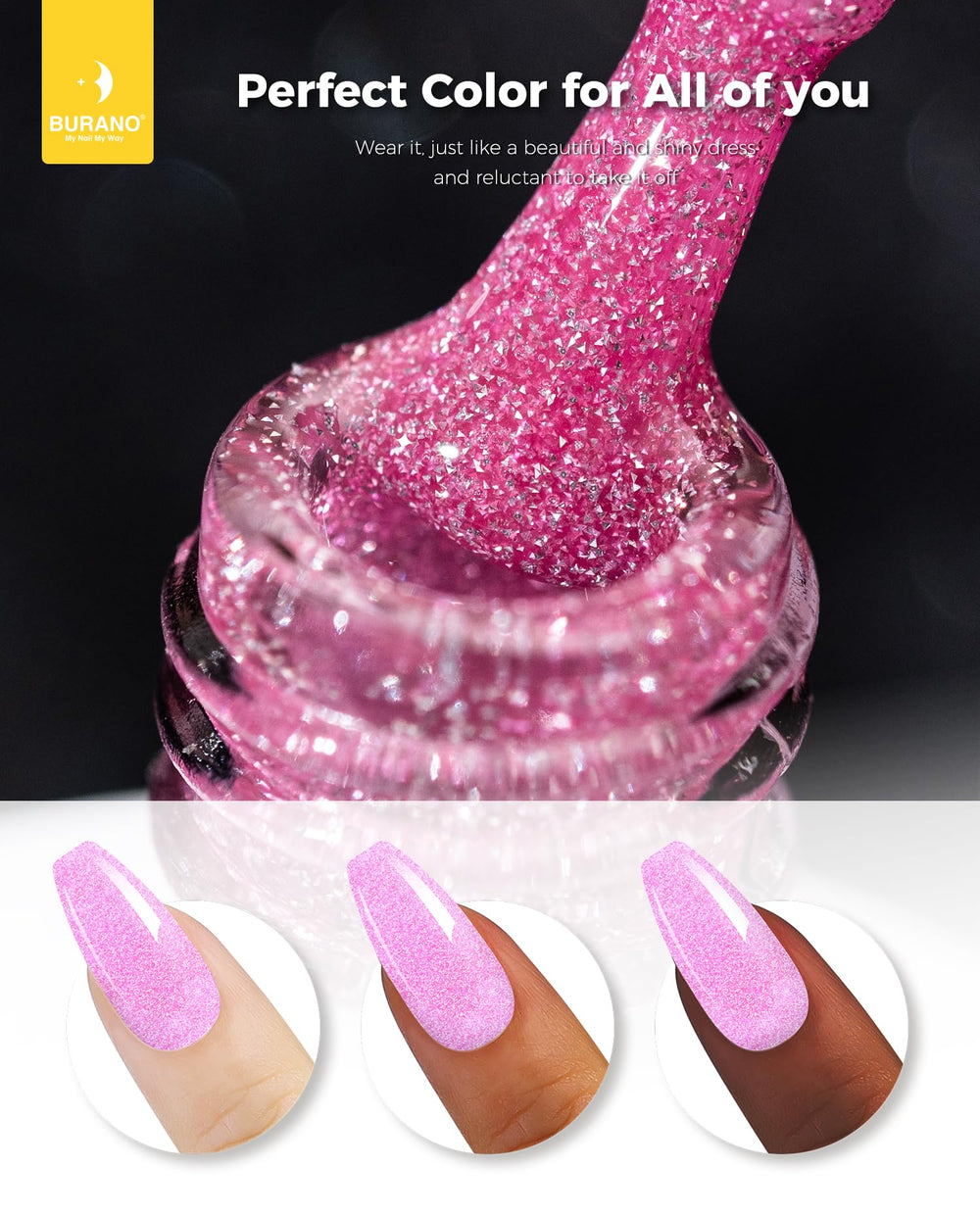 BURANO glitter nail art application on natural nails.