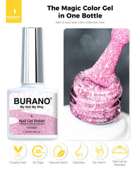 BURANO holographic glitter finish enhances light reflection on nails.