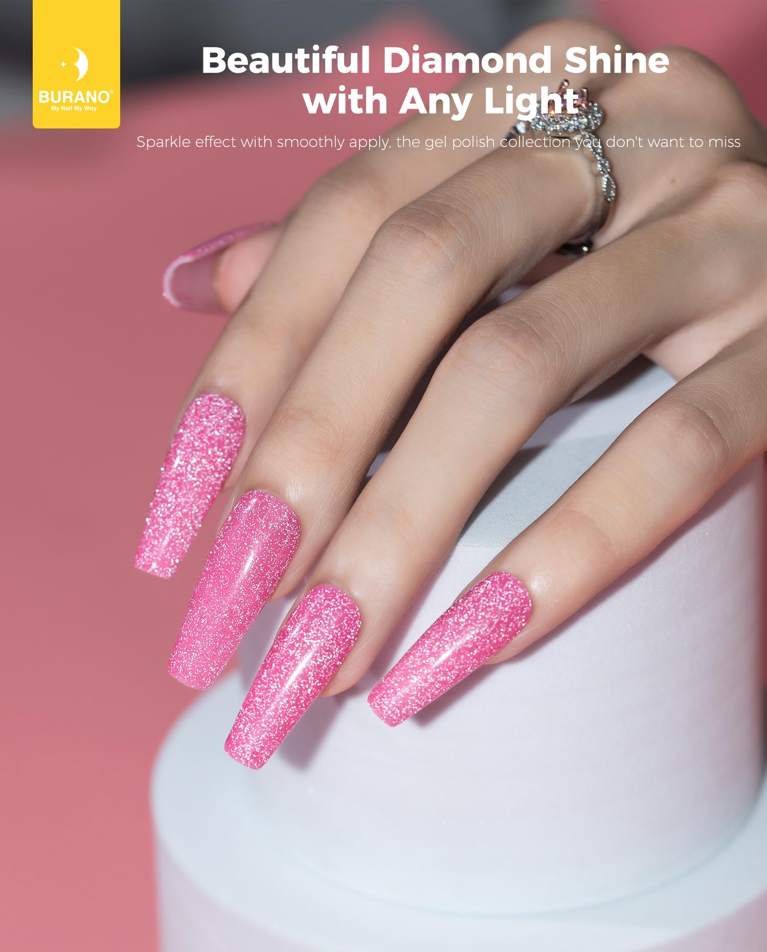 BURANO holographic glitter particles on nails for dazzling daytime shine.