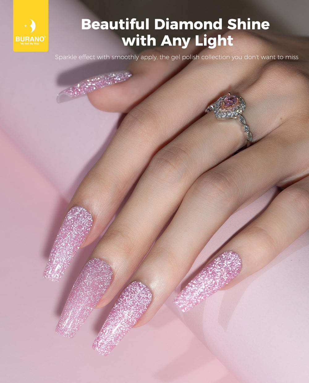 BURANO pink reflective glitter polish brush for precise application on nails.