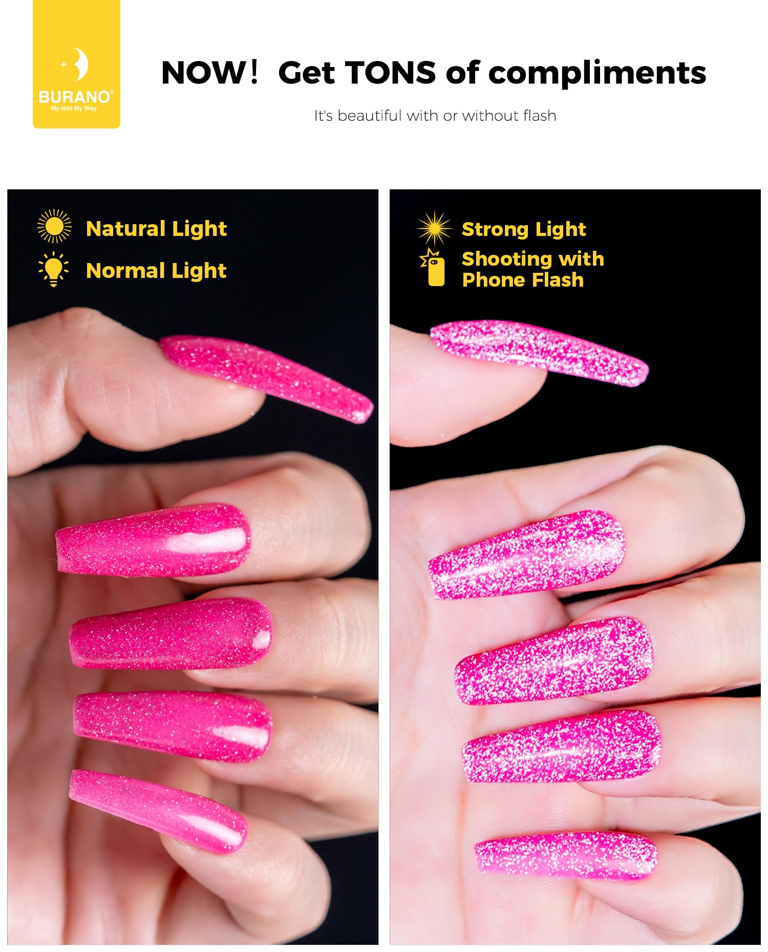 BURANO Sparkly summer color swatch highlights holographic shimmer on nails.