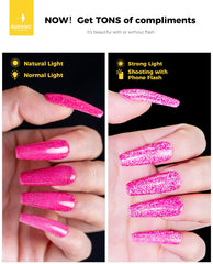 BURANO Sparkly summer color swatch highlights holographic shimmer on nails.