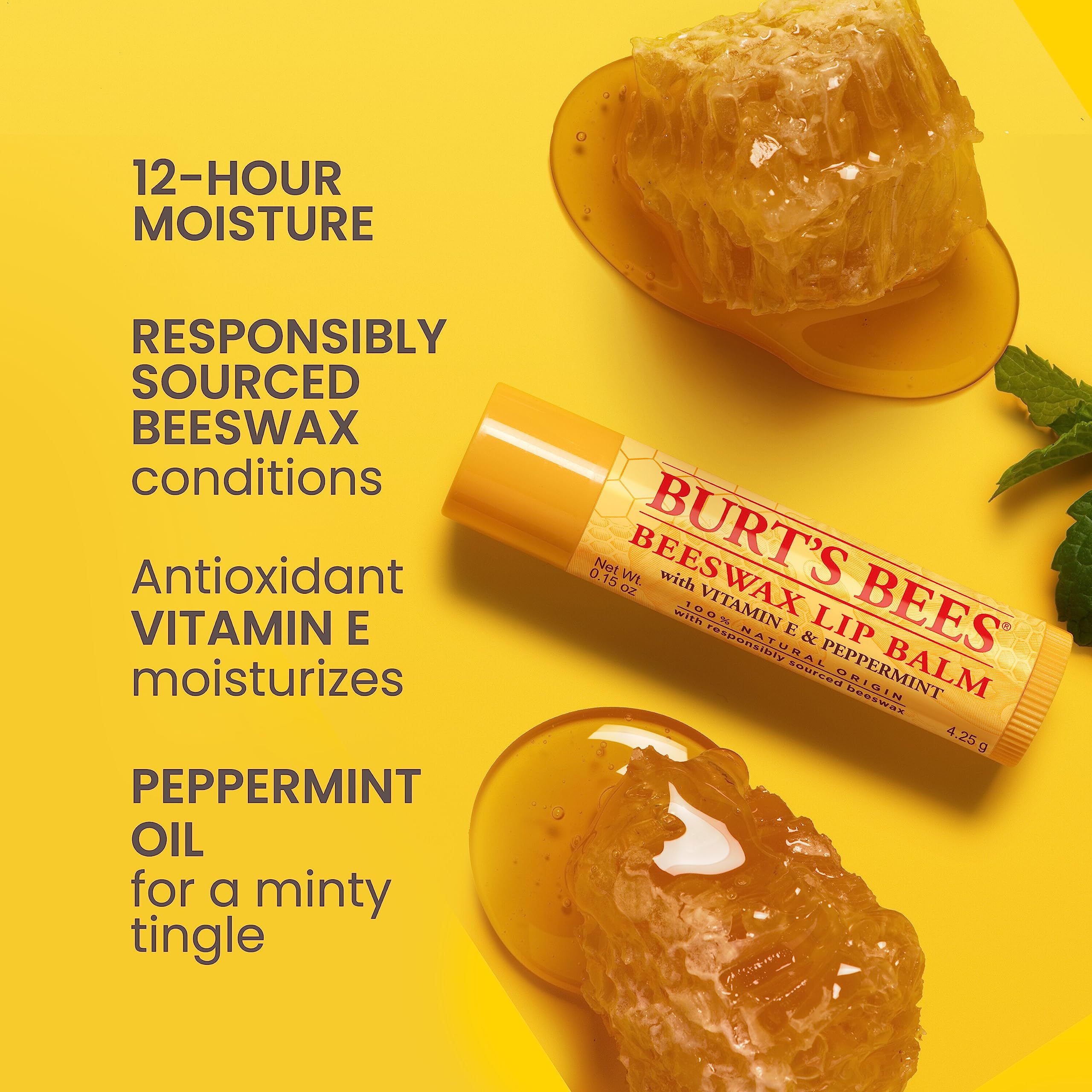 Burt's Bees Beeswax Lip Balm tube with peppermint for a refreshing tingle.