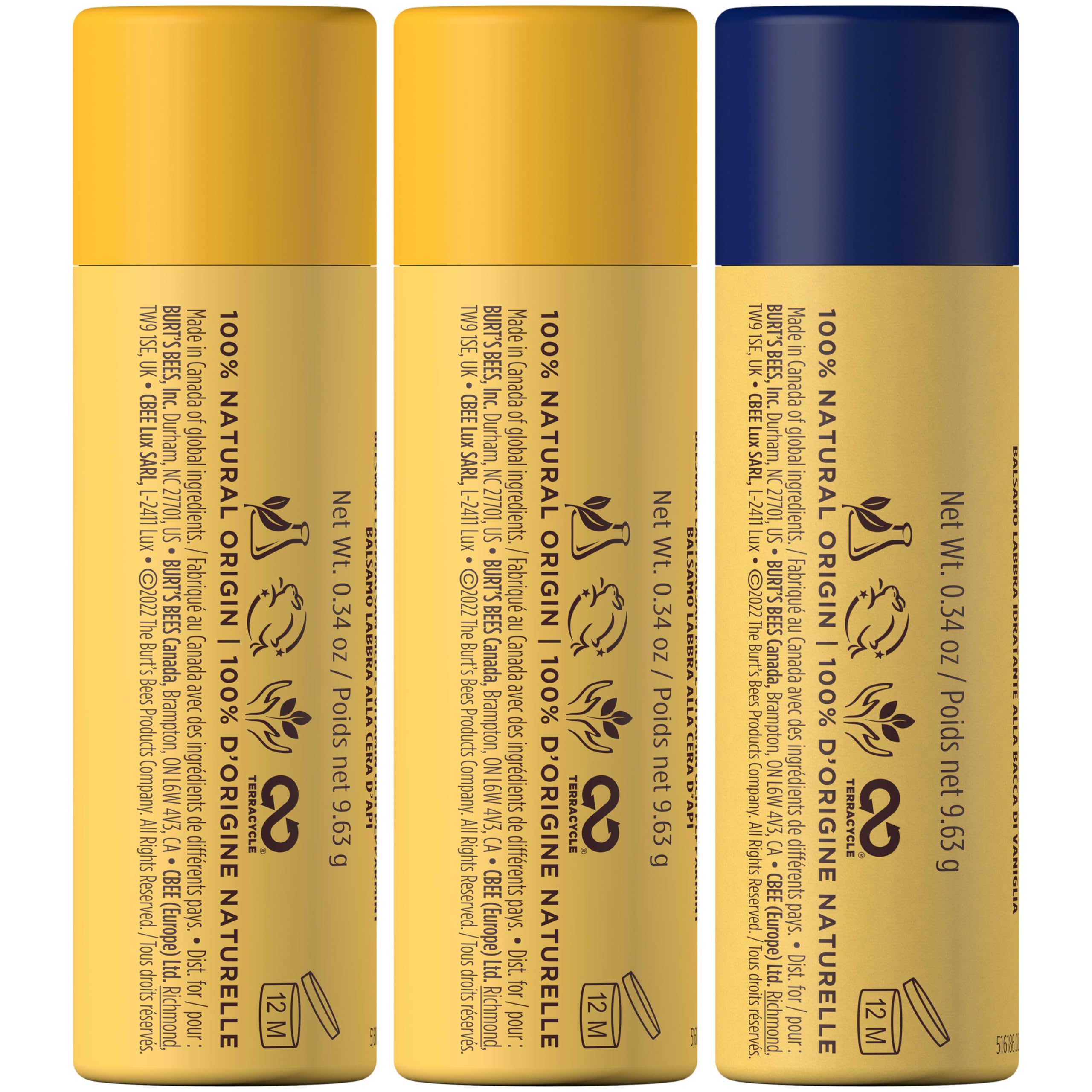 Beeswax and Vitamin E ingredients in Burts Bees lip balms for conditioning.