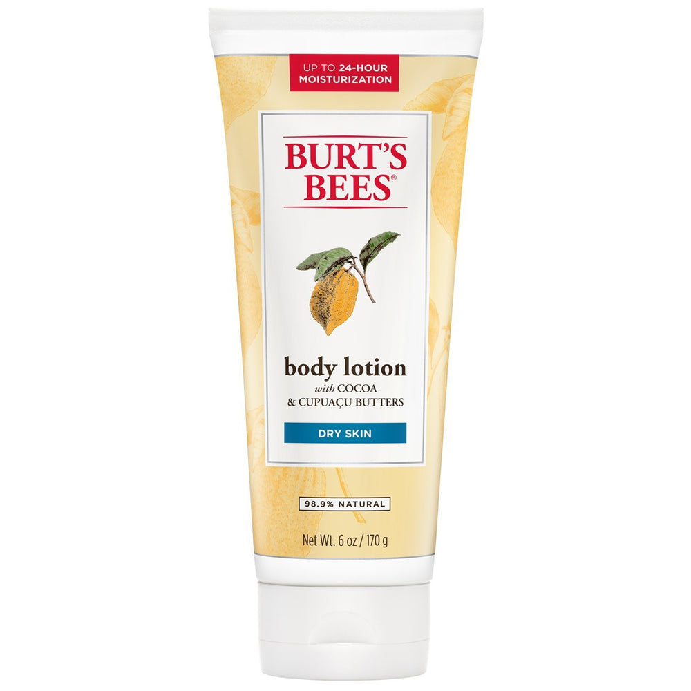 Burt's Bees Body Lotion bottle front view showing cocoa and cupuacu butters for hydration.