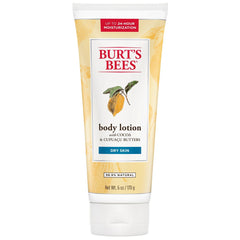 Burt's Bees Body Lotion bottle front view showing cocoa and cupuacu butters for hydration.