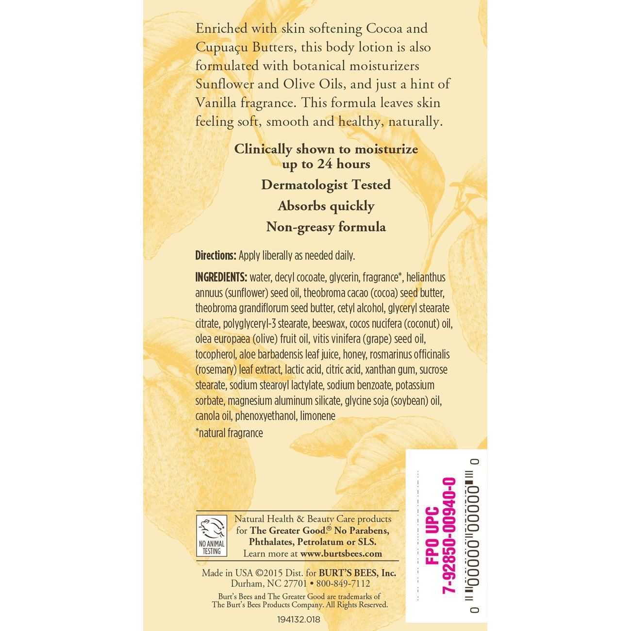 Close-up texture of Burt's Bees Cocoa and Cupuacu Butter lotion for dry skin care.