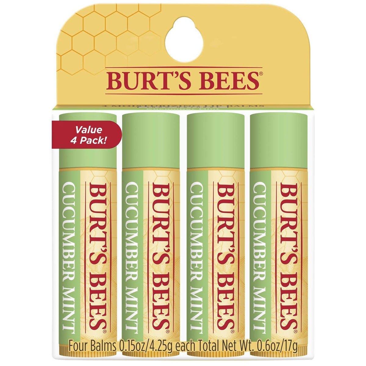 Burt's Bees Cucumber Mint lip balm tube close-up showing hydrating formula.