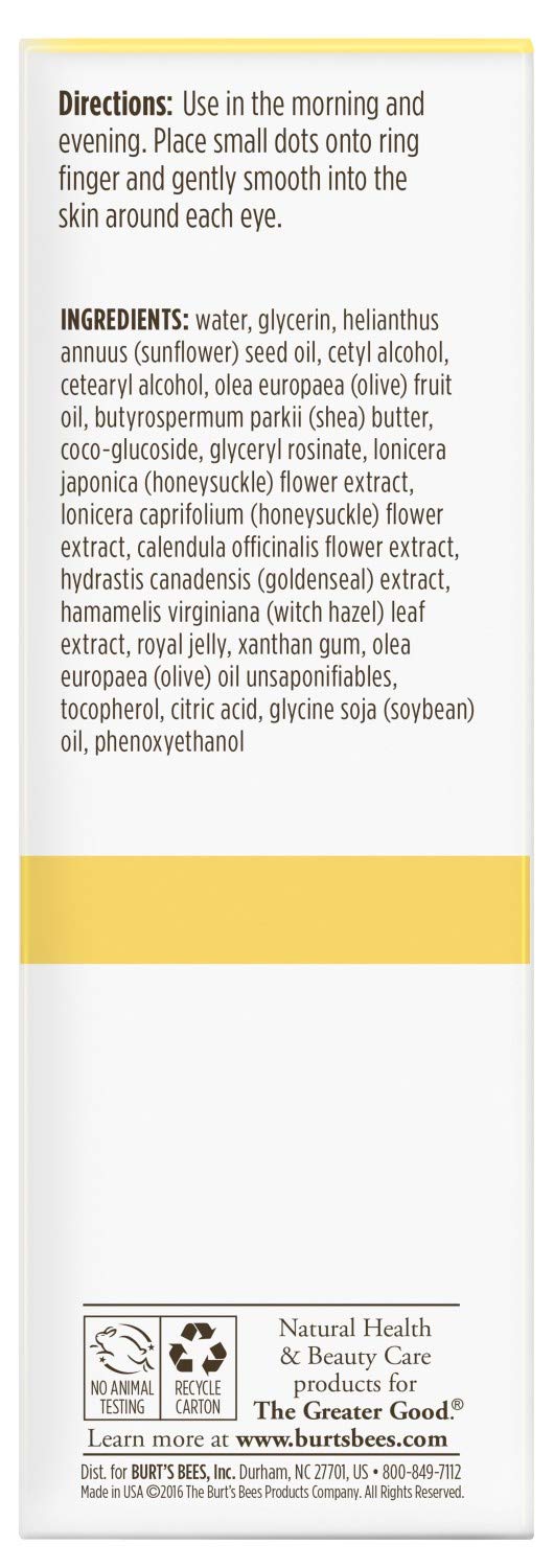 Burt's Bees eye cream fragrance-free label emphasizing gentle eye care