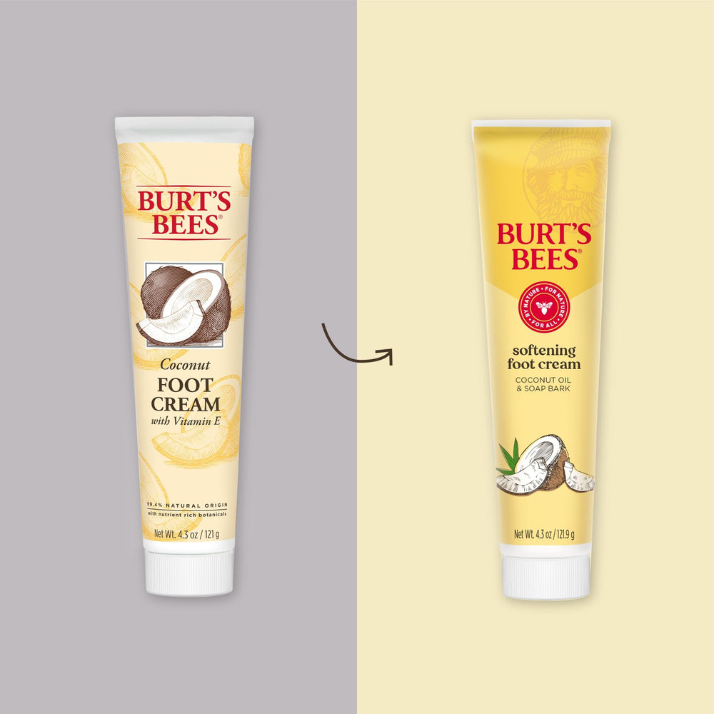 Burt's Bees foot cream jar highlighting coconut oil and soap bark ingredients