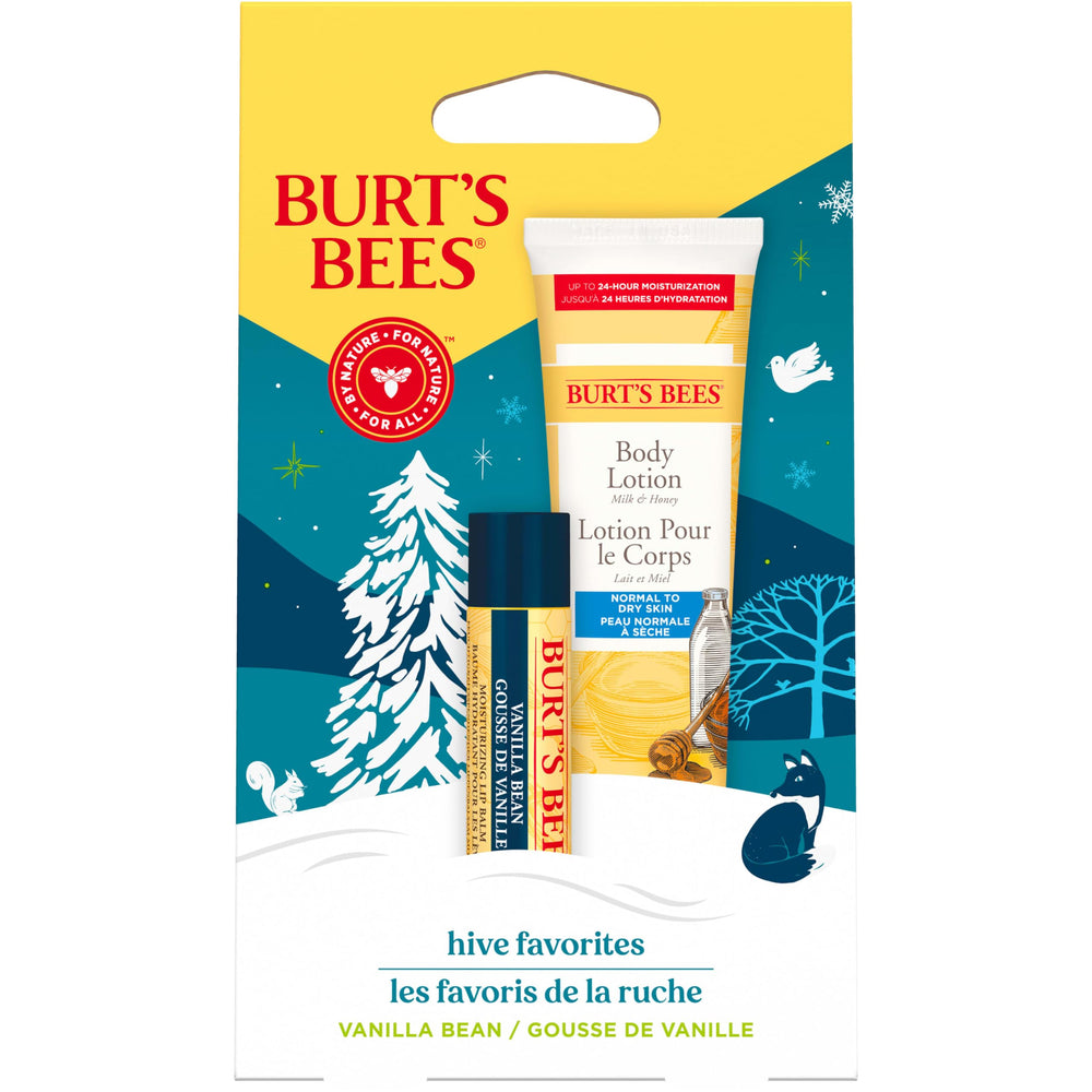 Holiday display featuring Burt's Bees lip balm and body lotion.