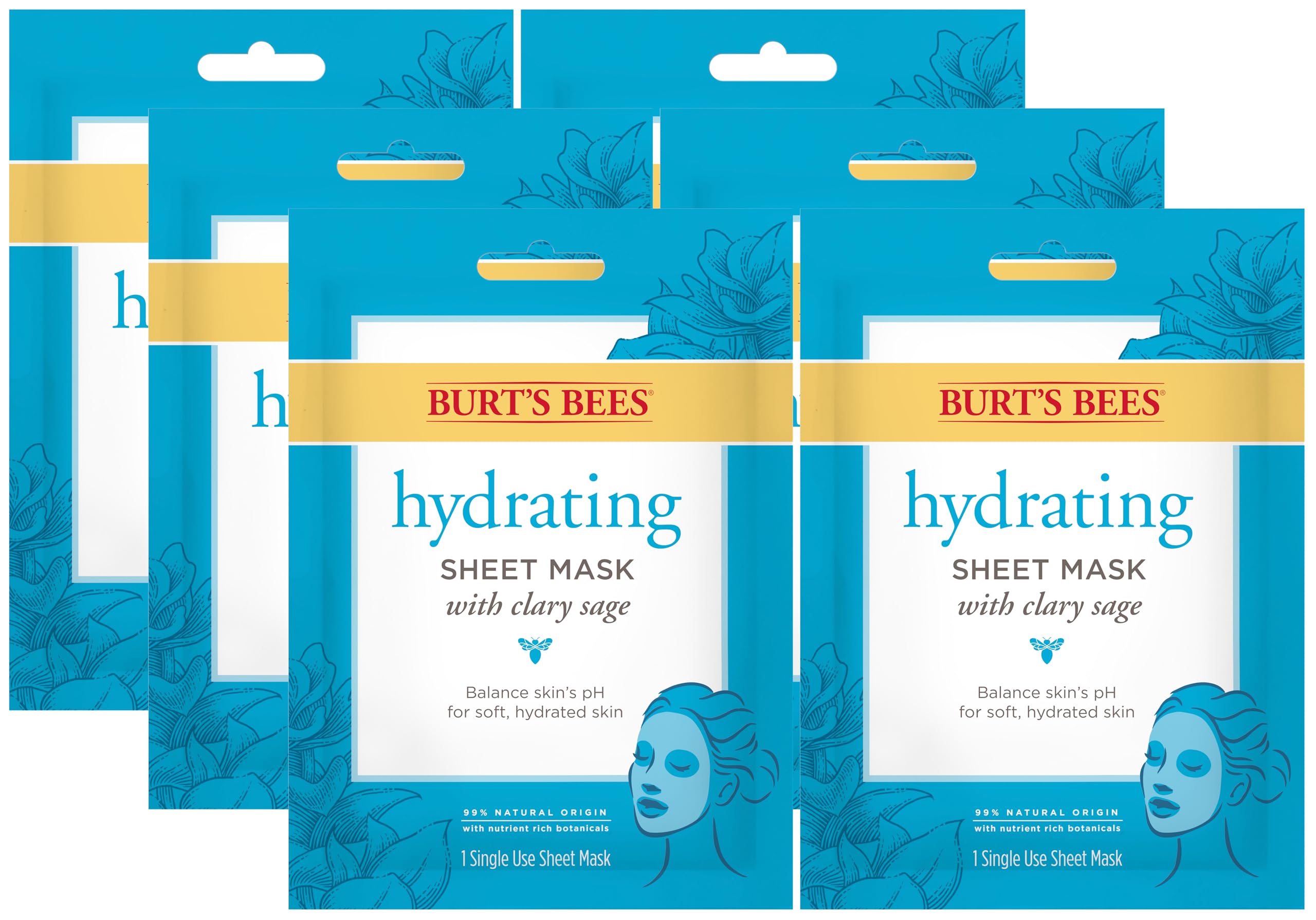 Burt's Bees Hydrating Sheet Mask with Clary Sage applied on clean skin for hydration.