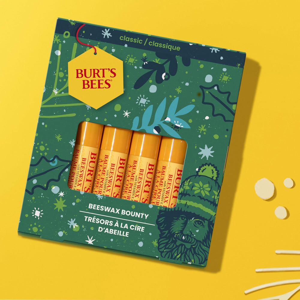 Burts Bees lip balm gift set holiday packaging displayed.