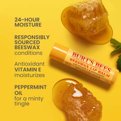 Burt's Bees Original Beeswax lip balm close-up showing texture and minty feel.
