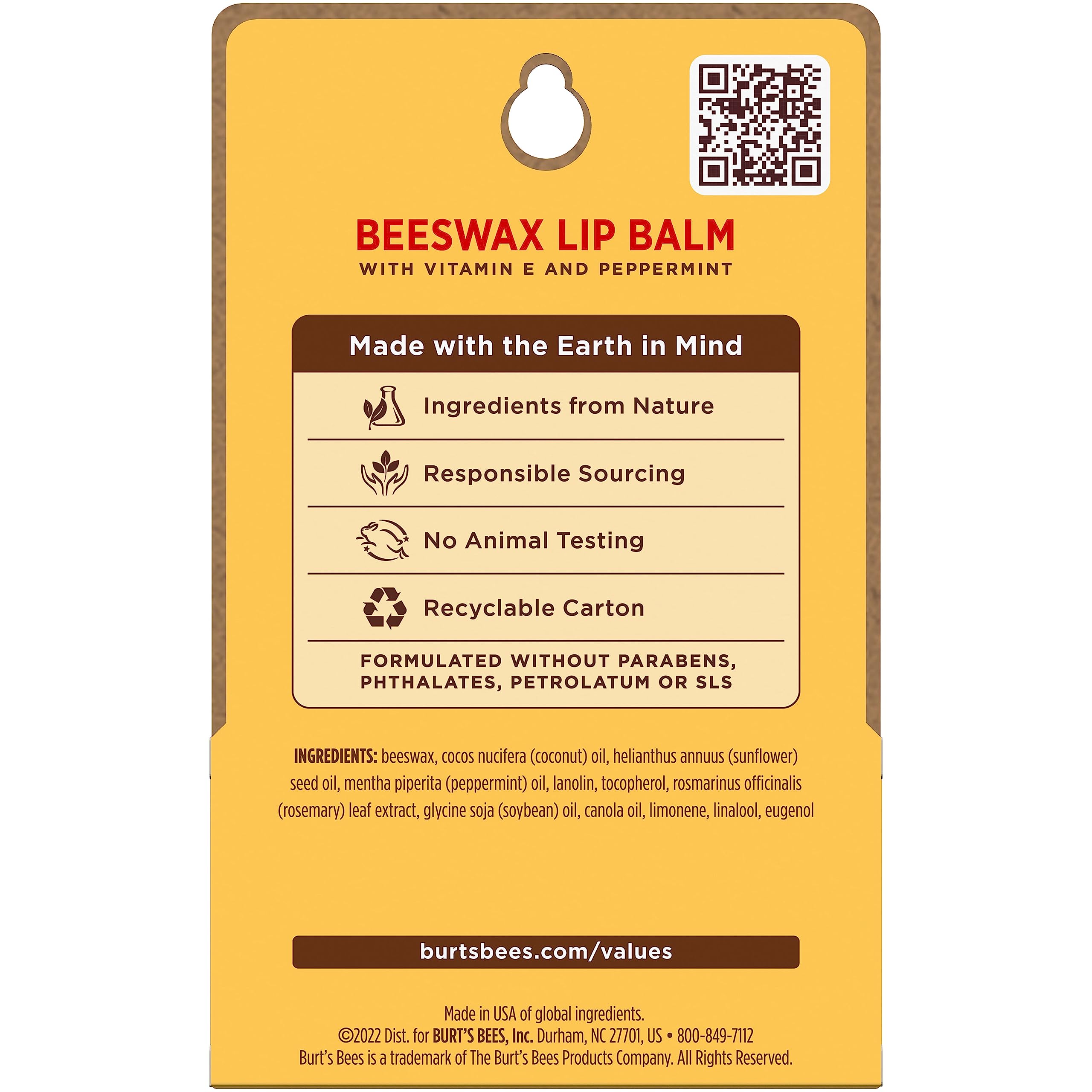 Burt's Bees lip balm enriched with Vitamin E for conditioning lips.