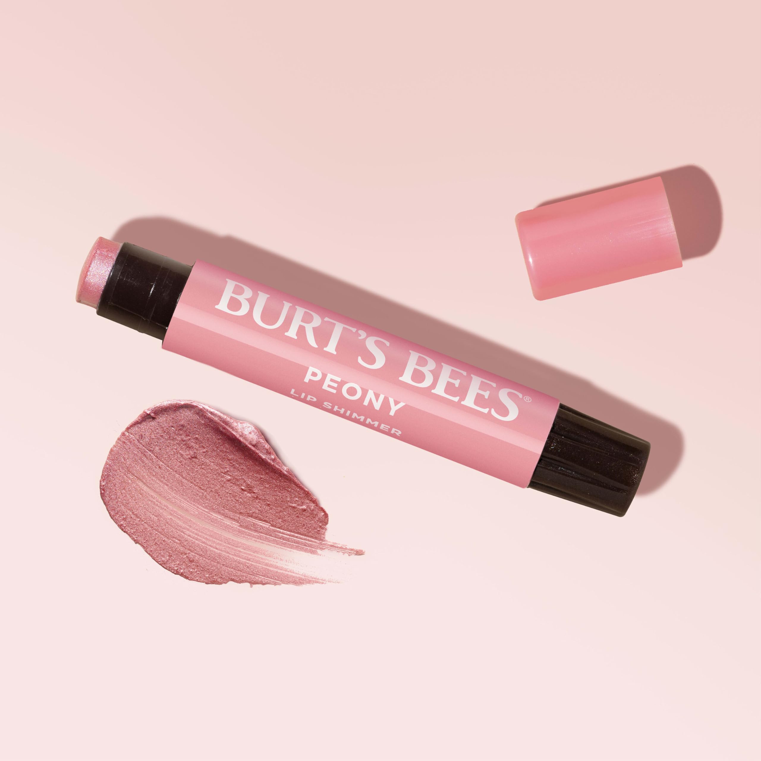 Burt's Bees Lip Shimmer Peony bottle label indicating peppermint note