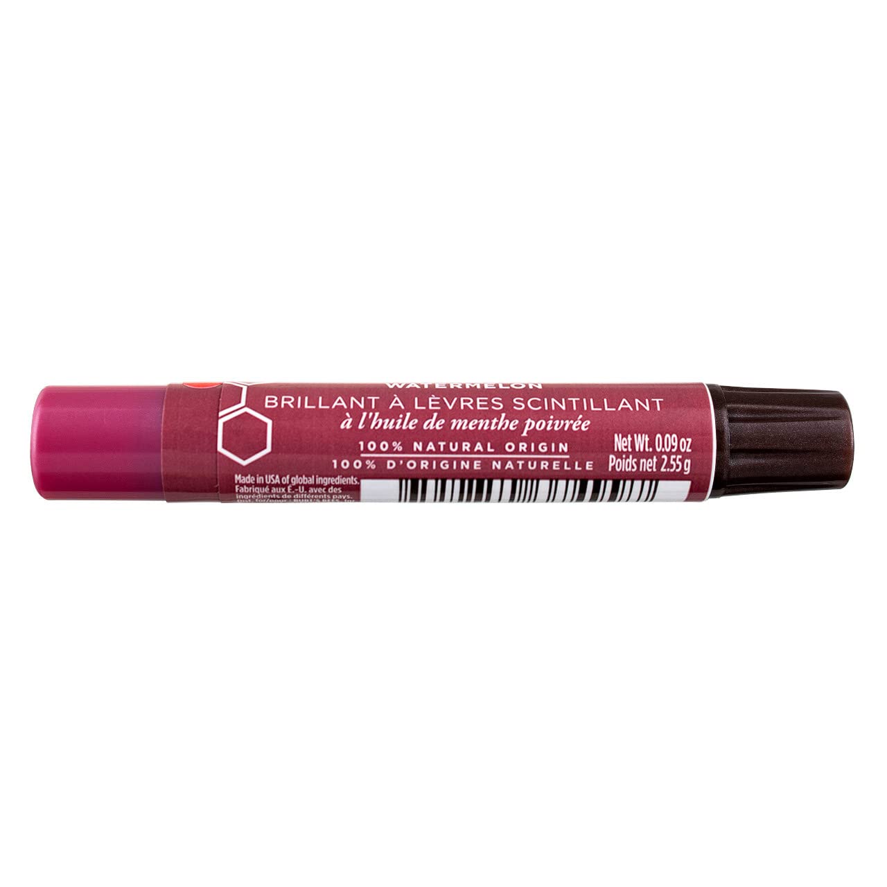 Burt's Bees Lip Shimmer Watermelon tube closeup, smooth glide and vibrant tint