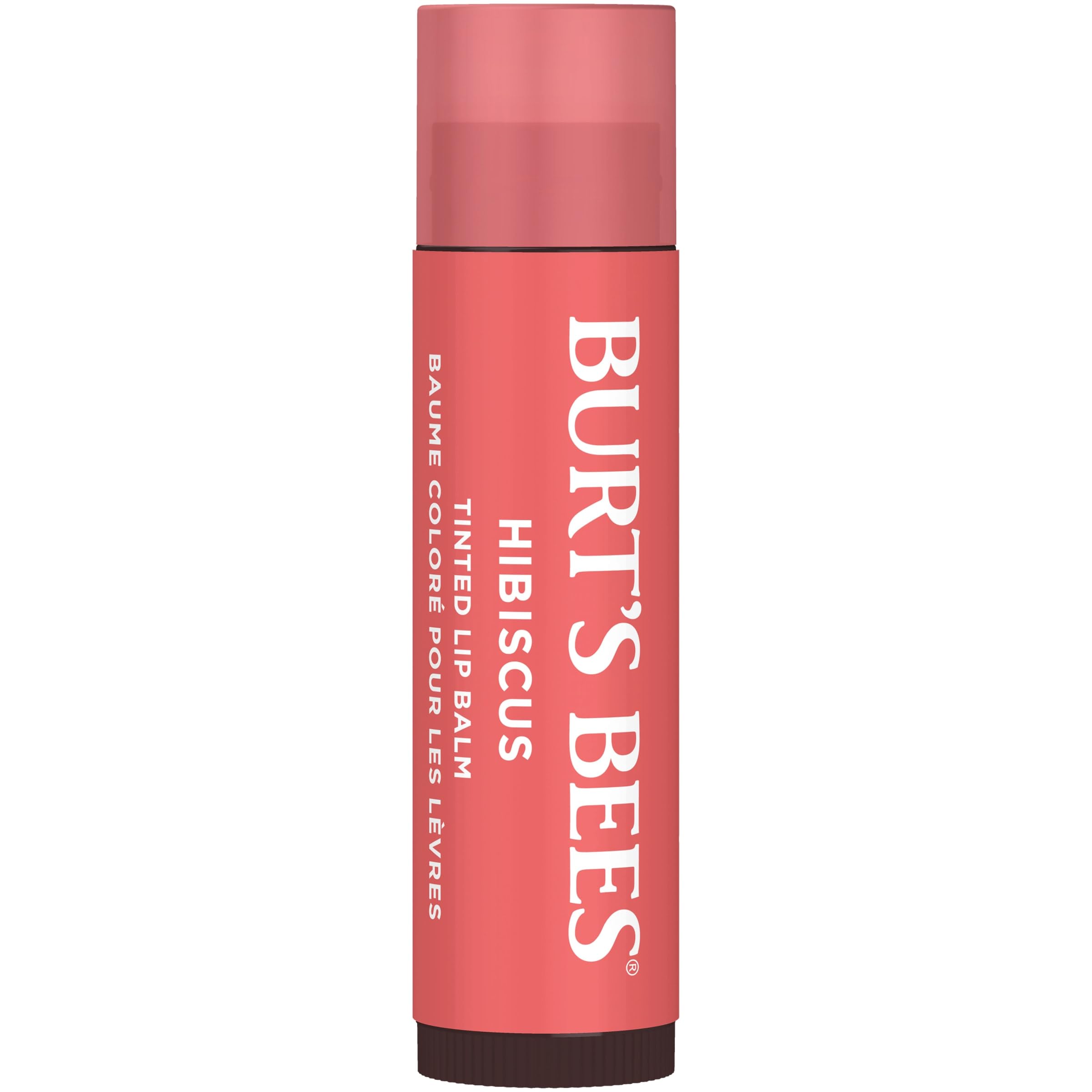 Burt's Bees Hibiscus tint swatch highlights buildable pink shade.