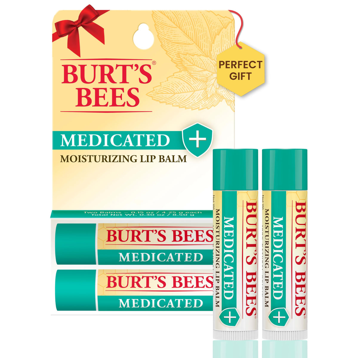 Burt's Bees Medicated Lip Balm front view with eucalyptus for calming lips on the go.